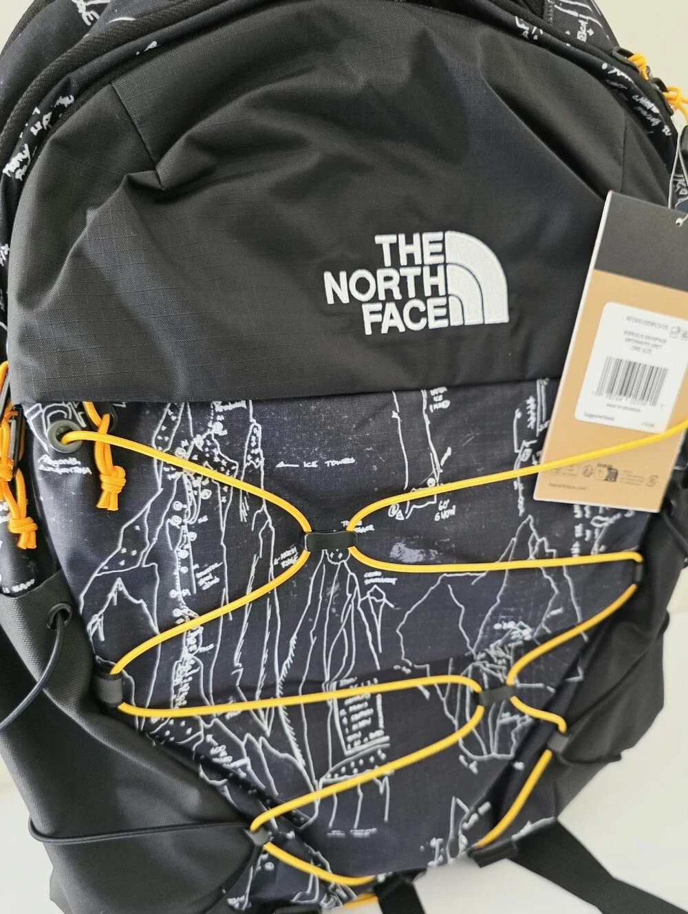 The North Face Borealis Anthracite Grey Backpack with Yellow Bungee Accents